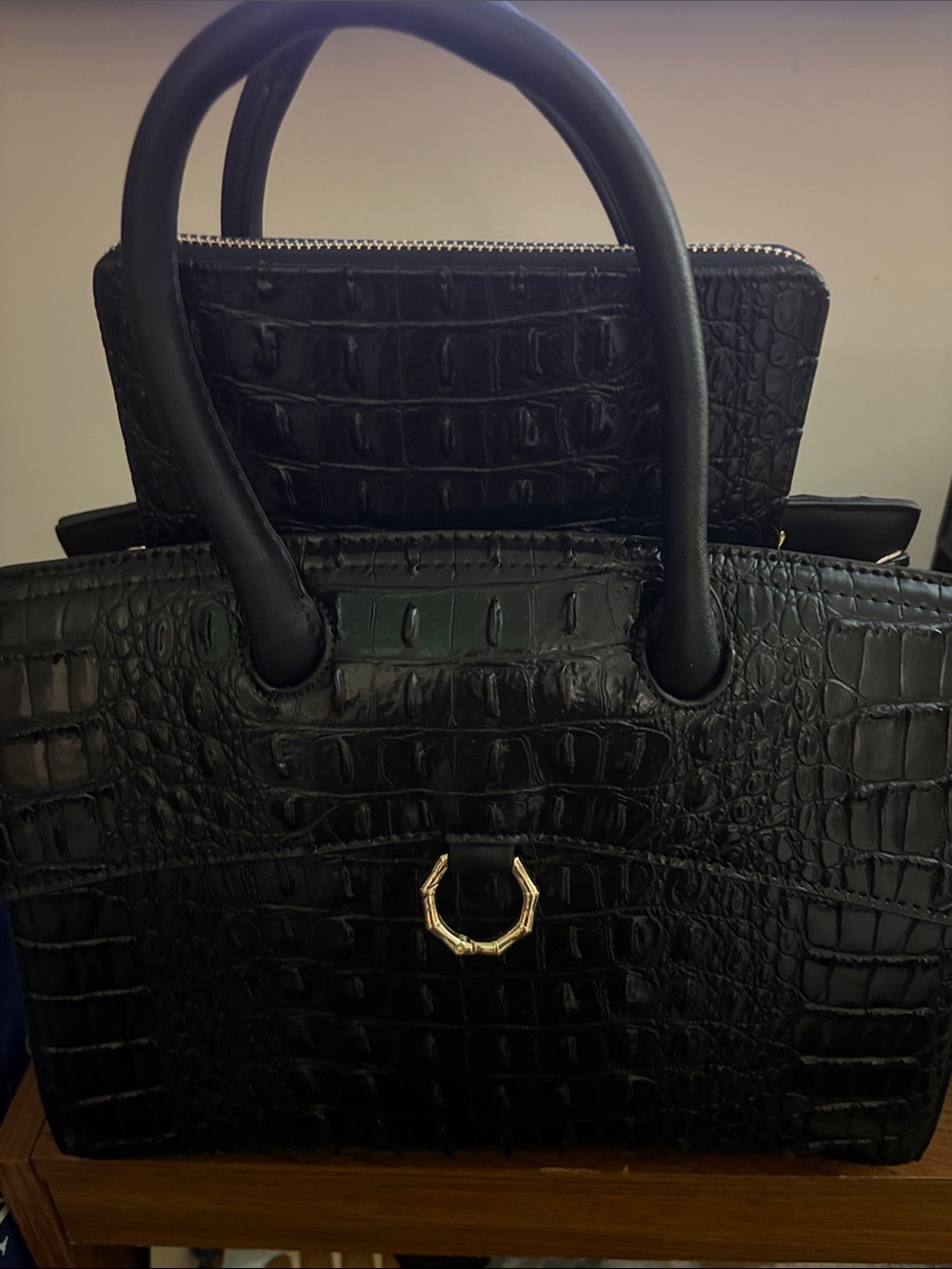 Black Croc-Embossed Tote Bag with Gold Accent